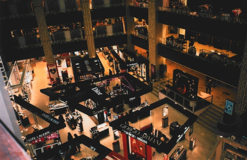 a crowded retail store with shops inside