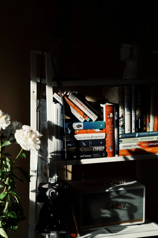 some books a speaker and some white roses