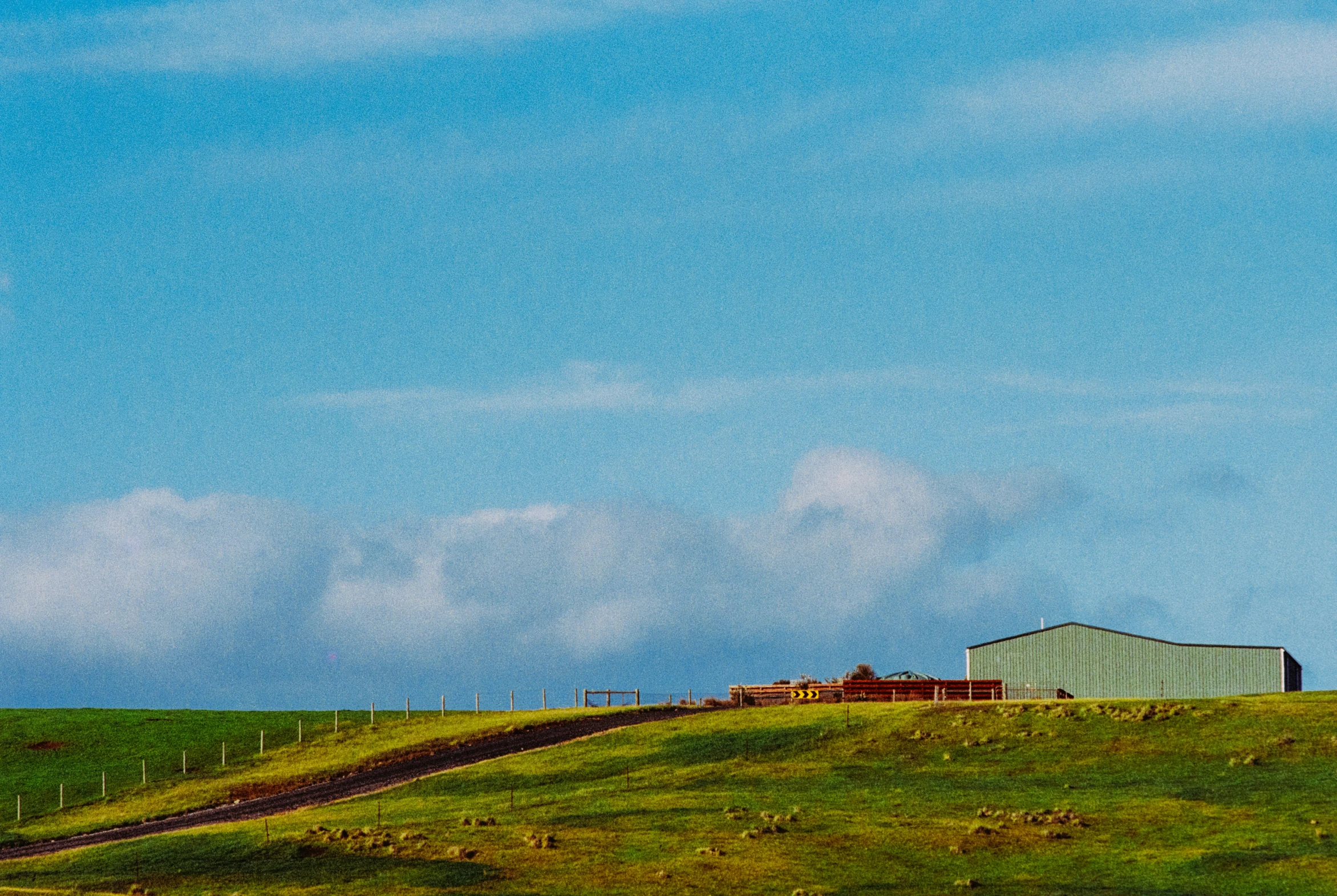 the green field with an old silo and windmill in the background