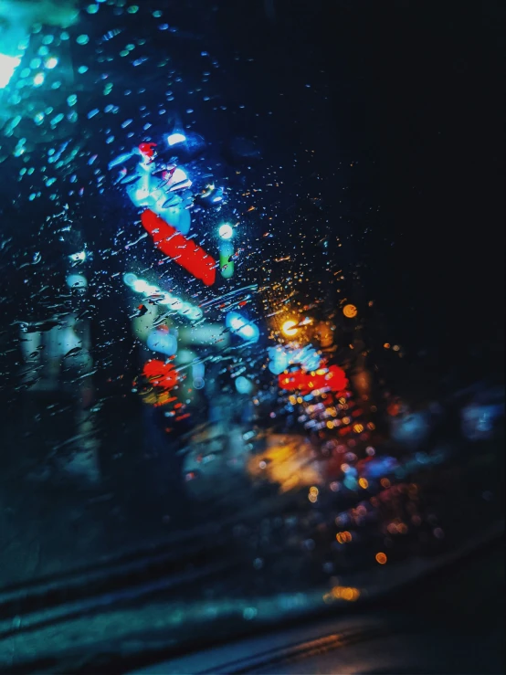 wet windshield with city lights at night from inside