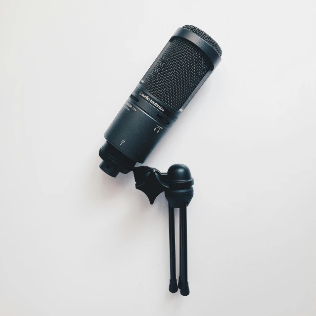 a microphone sits next to two black speakers