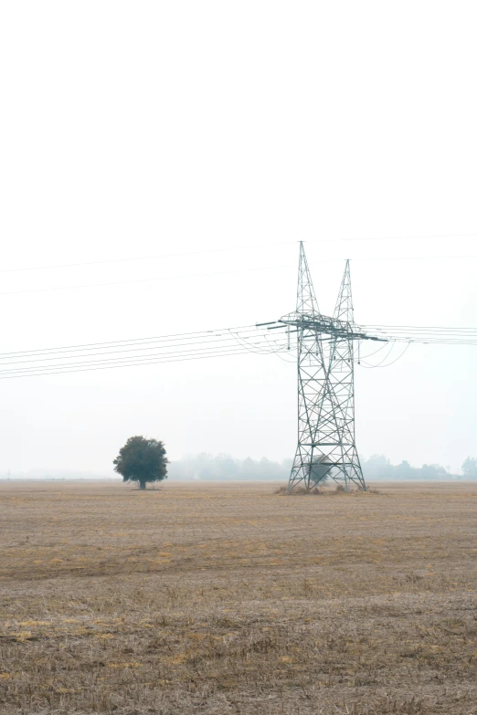 two telephone towers stand in an empty field