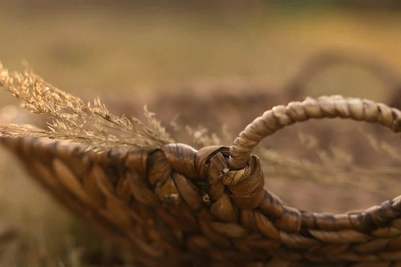 a woven basket with grass in the background