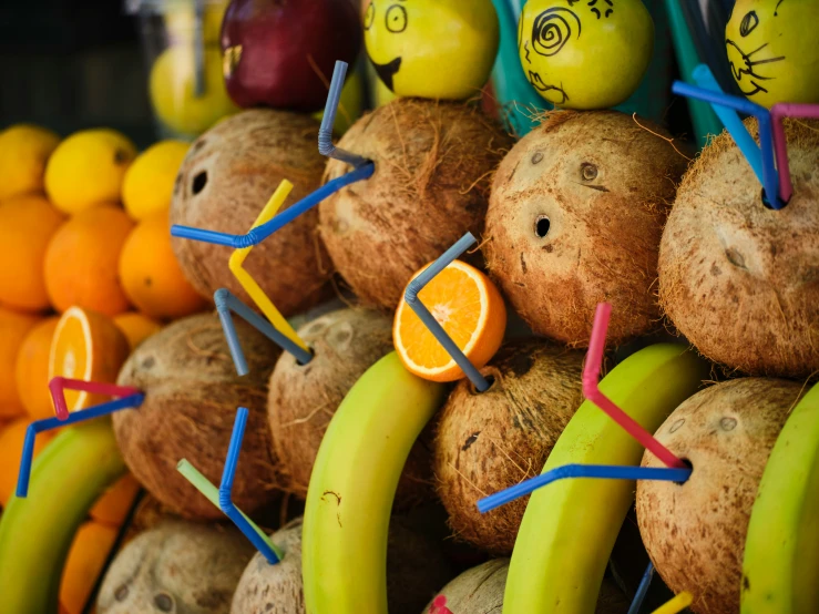 various types of fruit are displayed at a market