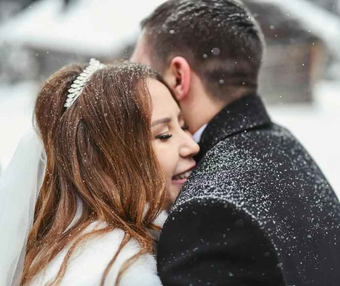 a bride and groom emcing each other in the snow