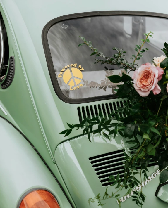 the back window and flowers on the window of a small green car