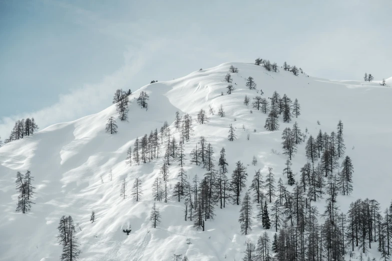 the slopes of an alpine mountain are covered in snow