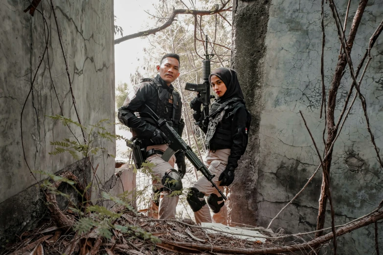 the pair is posing for a po in the ruins