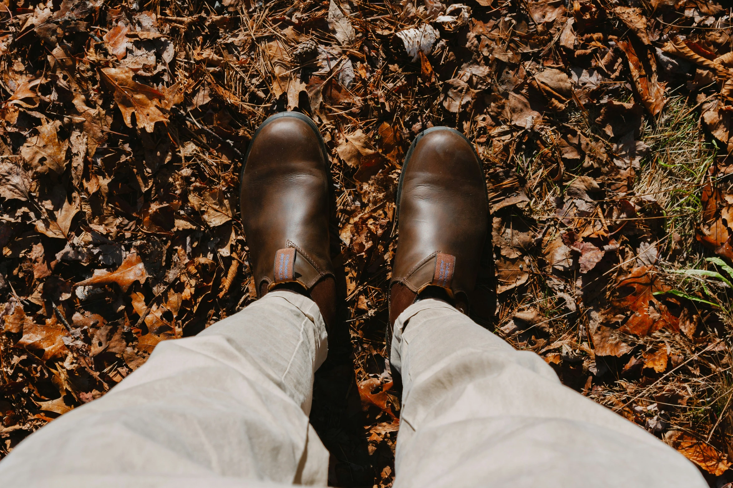 a pair of shoes and pants with a man standing in leaves