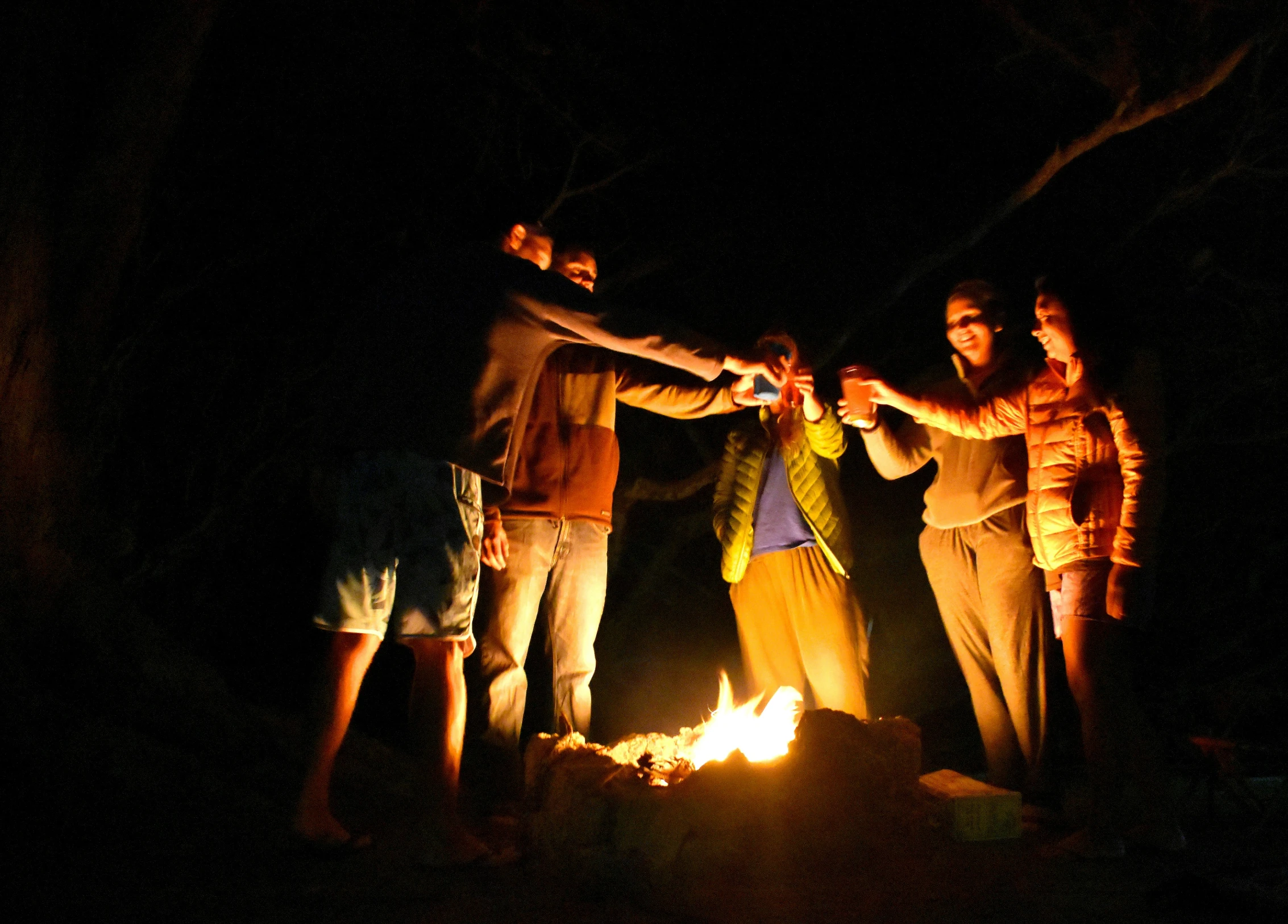 four people toasting by the fire in the dark
