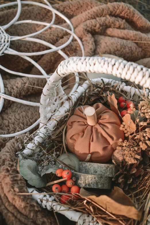 a basket filled with pumpkins and berries sits next to other baskets