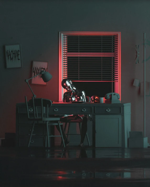 a red light in a living room shows a desk and chair