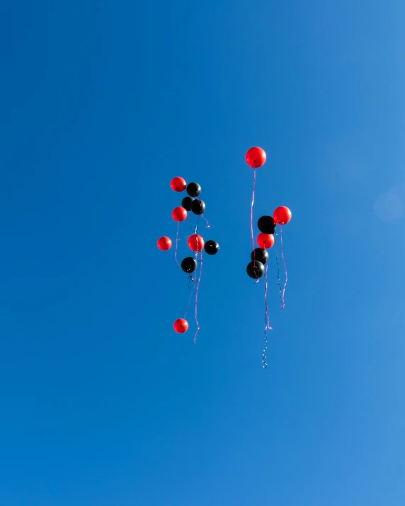 a sky full of red and black balloons floating together