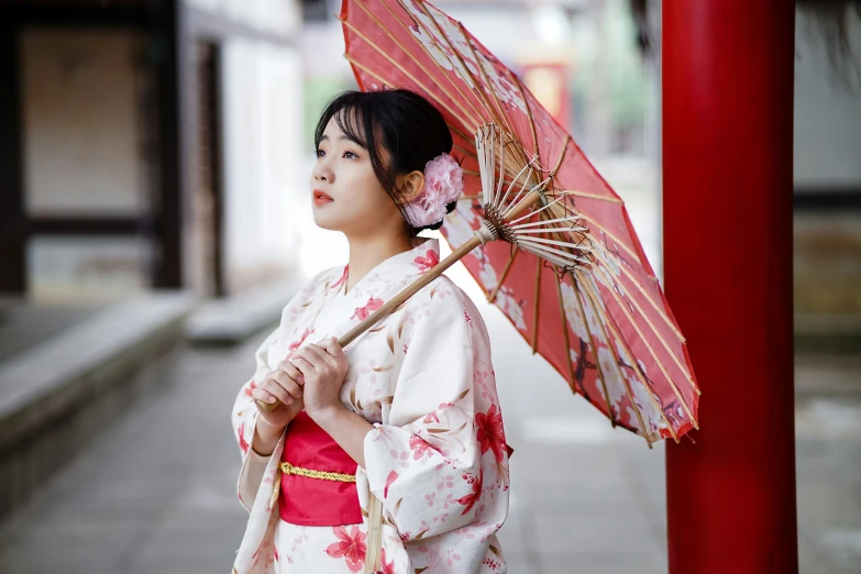a woman in a geisha kimono holds an umbrella
