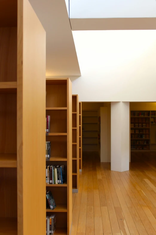 a wooden room with a book case and some lights