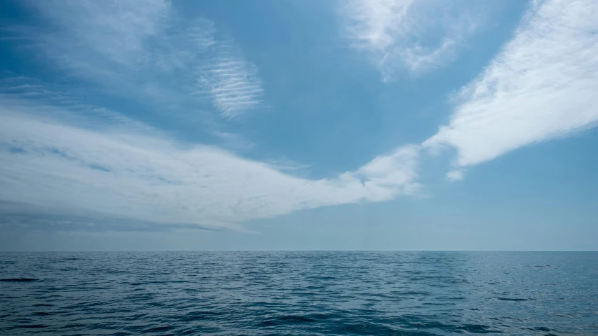 the vast ocean is filled with a small row of wispy clouds