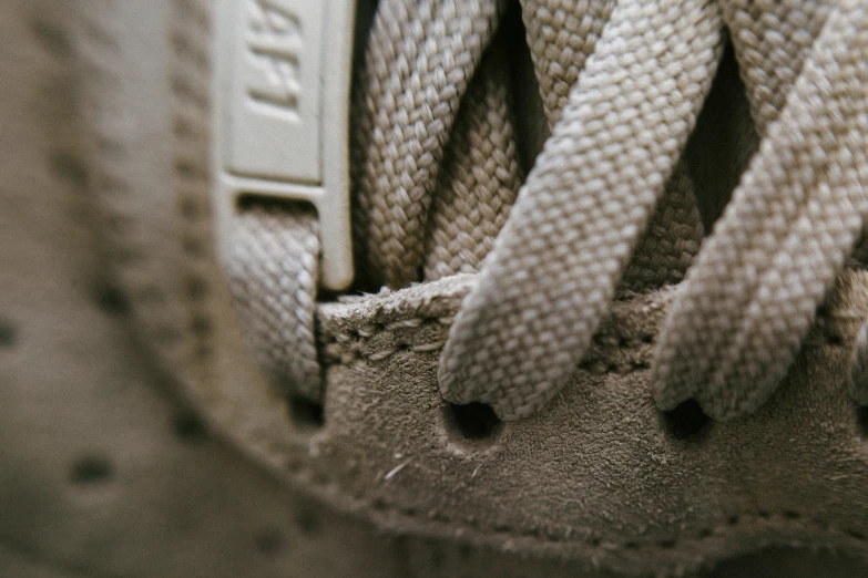 a shoe with white laces is seen from the inside