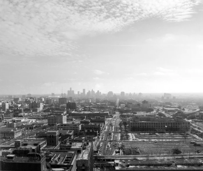 black and white view of a large city skyline