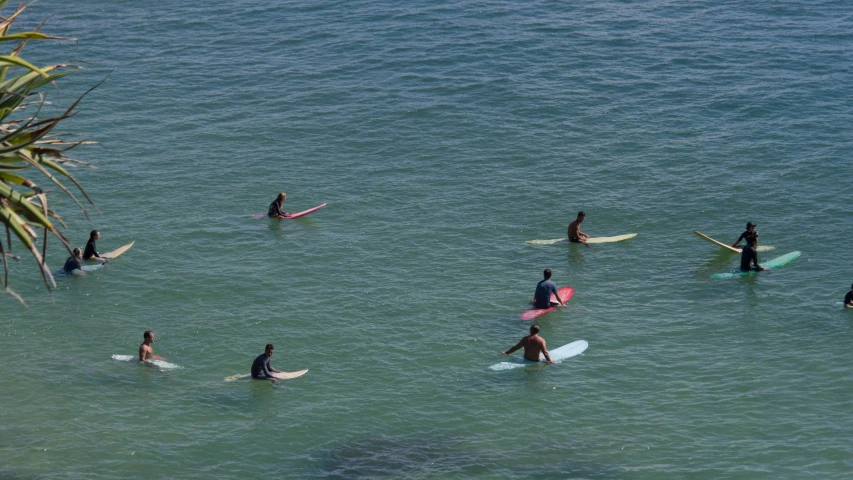 a group of people with surf boards in the ocean