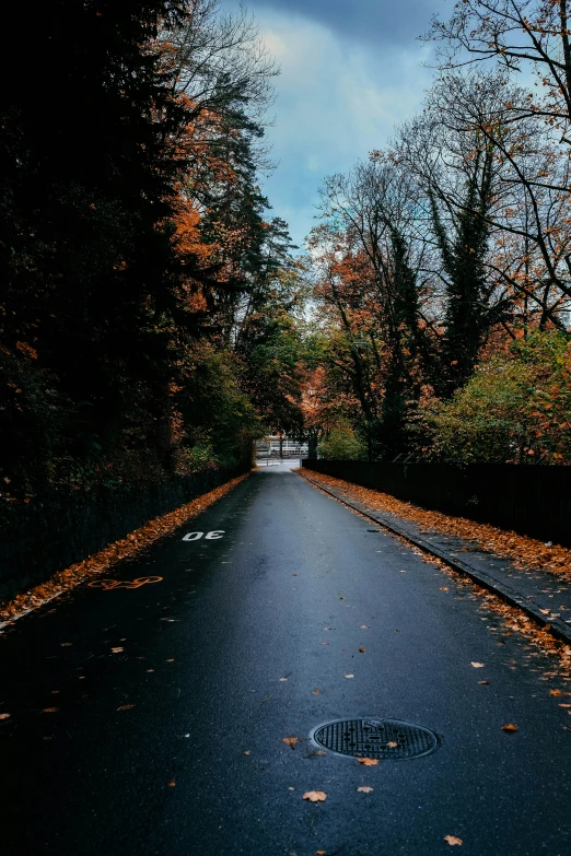 a road that has a drain in the middle of it