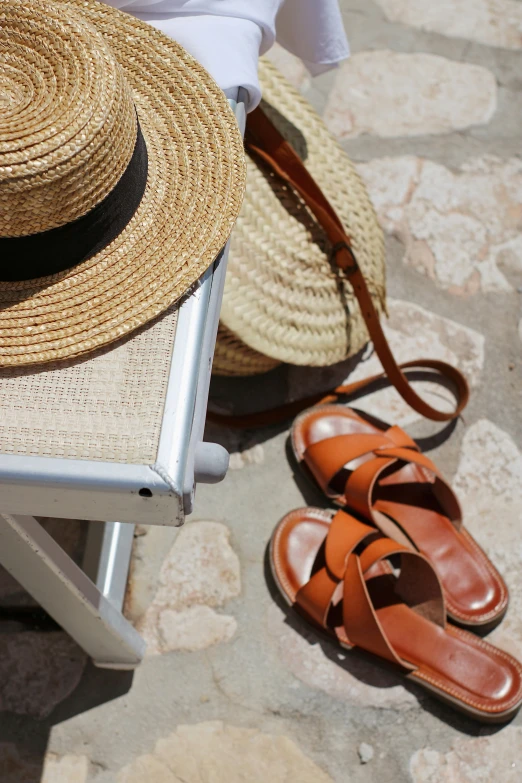 a hat, sandals, and a bag sitting on a beach