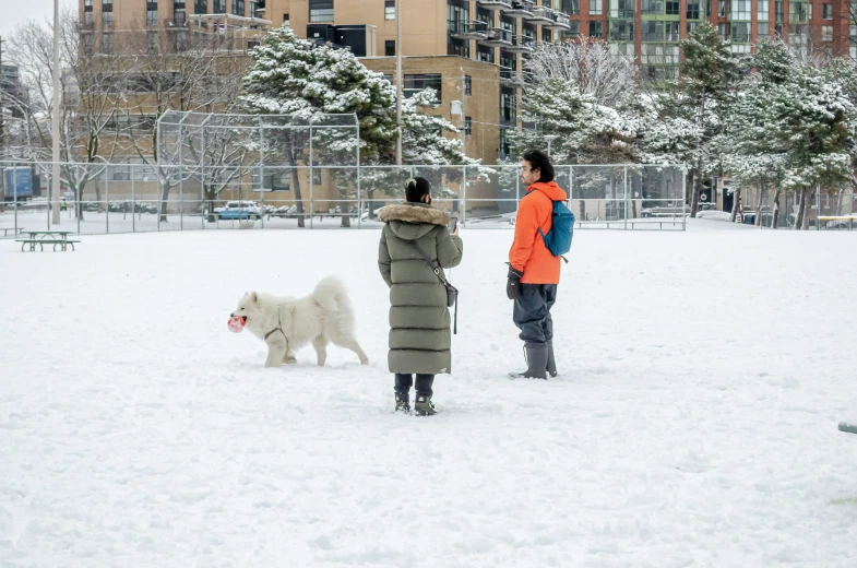 two people stand in the snow while one walks his dog