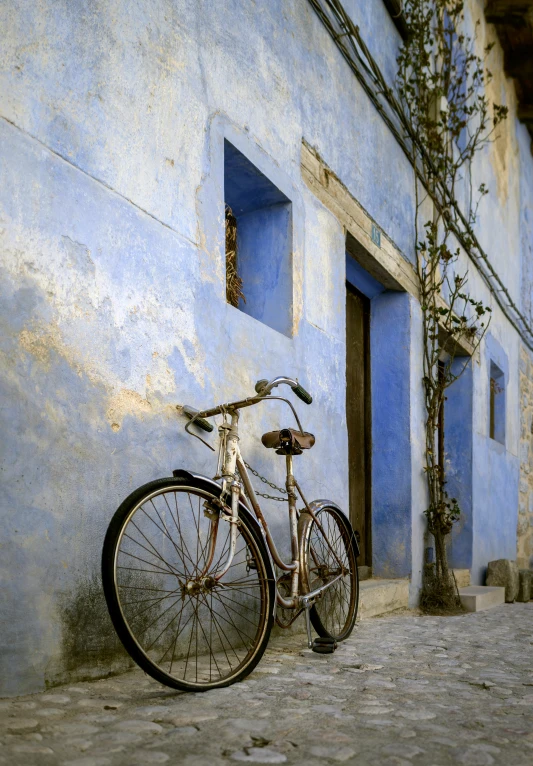 an old bicycle leans against the wall