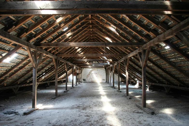 an old attic in a wood building with no roof