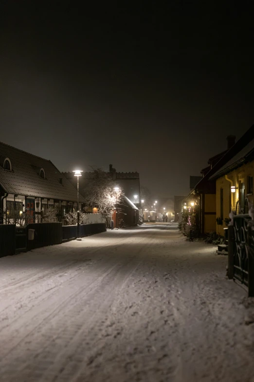 this is an alley of small houses on a snowy day