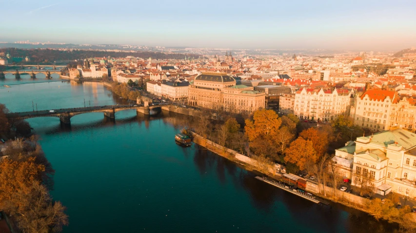 the river and city skyline in europe is beautiful