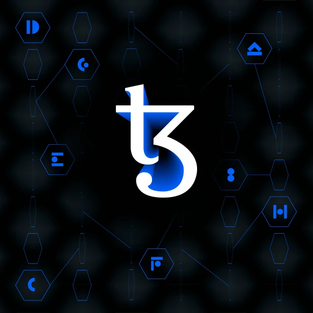 the three dimensional symbols are set against black and blue background