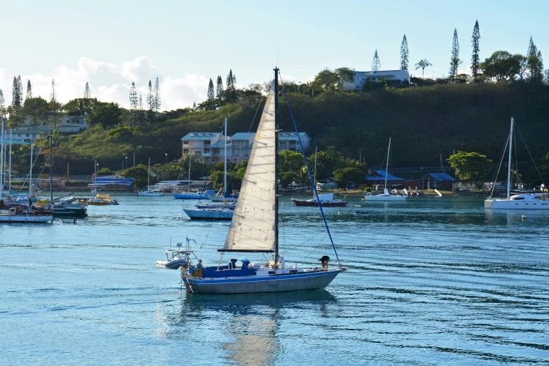 several boats sailing on a river and one is in the foreground