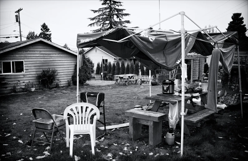 black and white po of a backyard in a town