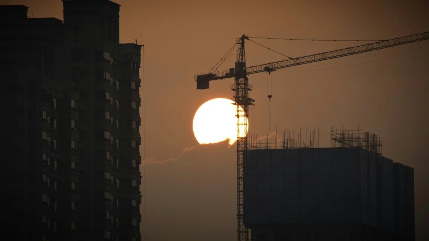 a crane is silhouetted in the background of the setting sun