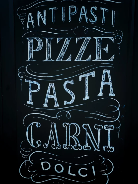 a restaurant's menu for a pizzaria on the wall