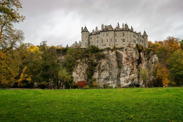 an old castle with some trees surrounding it