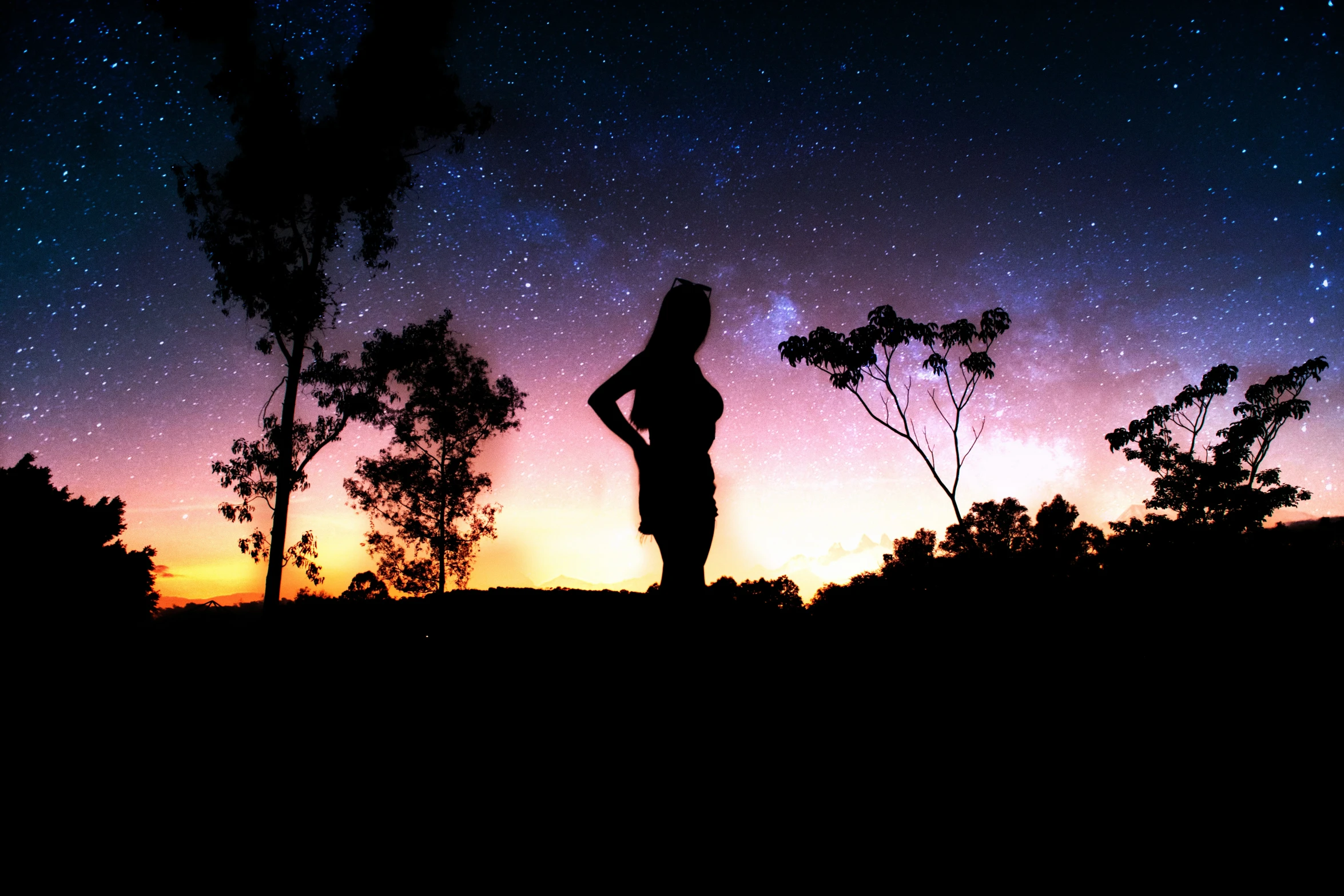 silhouetted person standing on field with tree in background