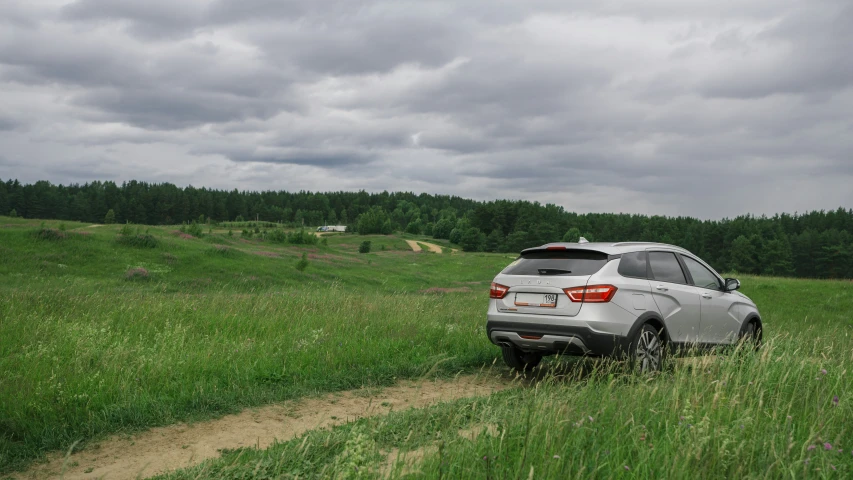 a white suv is driving through some tall grass