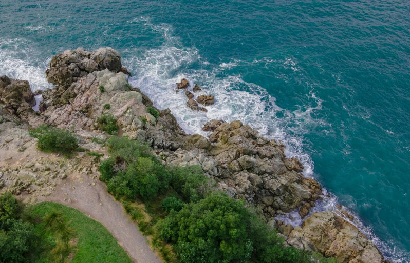 an aerial view of an ocean with green grass on top of the water