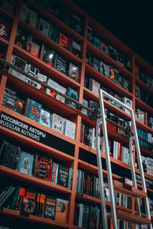 a set of stairs that is next to a large bookcase