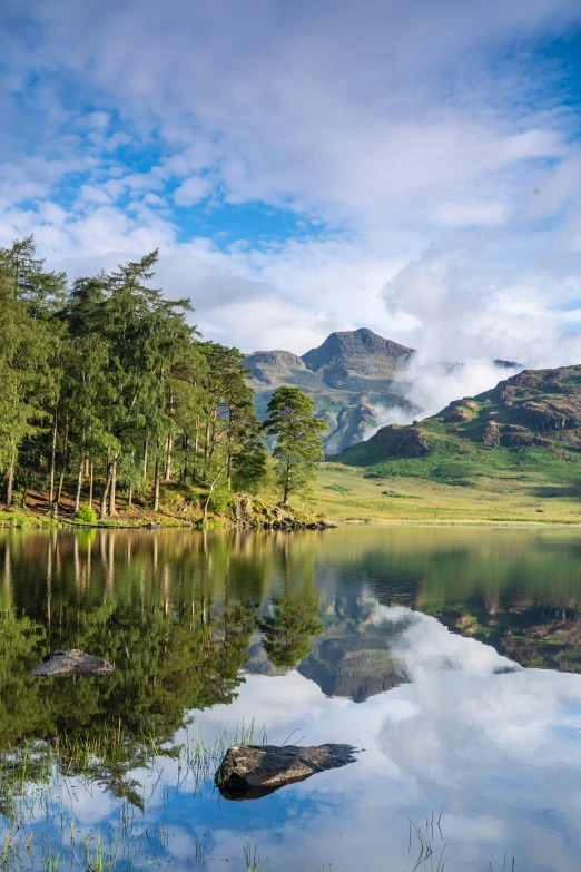 a lake surrounded by trees, with mountains in the background