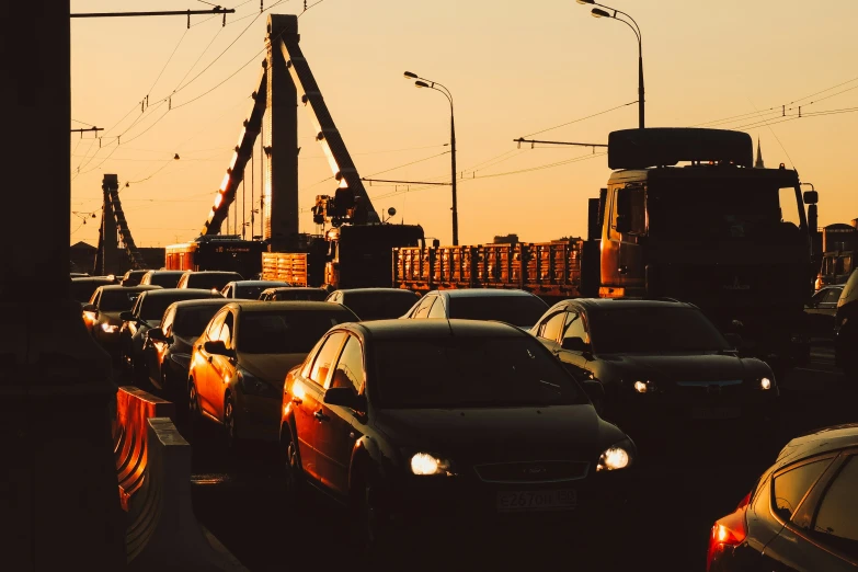 cars are backed up in a crowded traffic jam