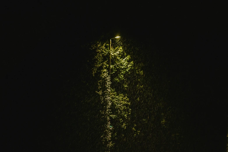 a street light and building at night covered with snow