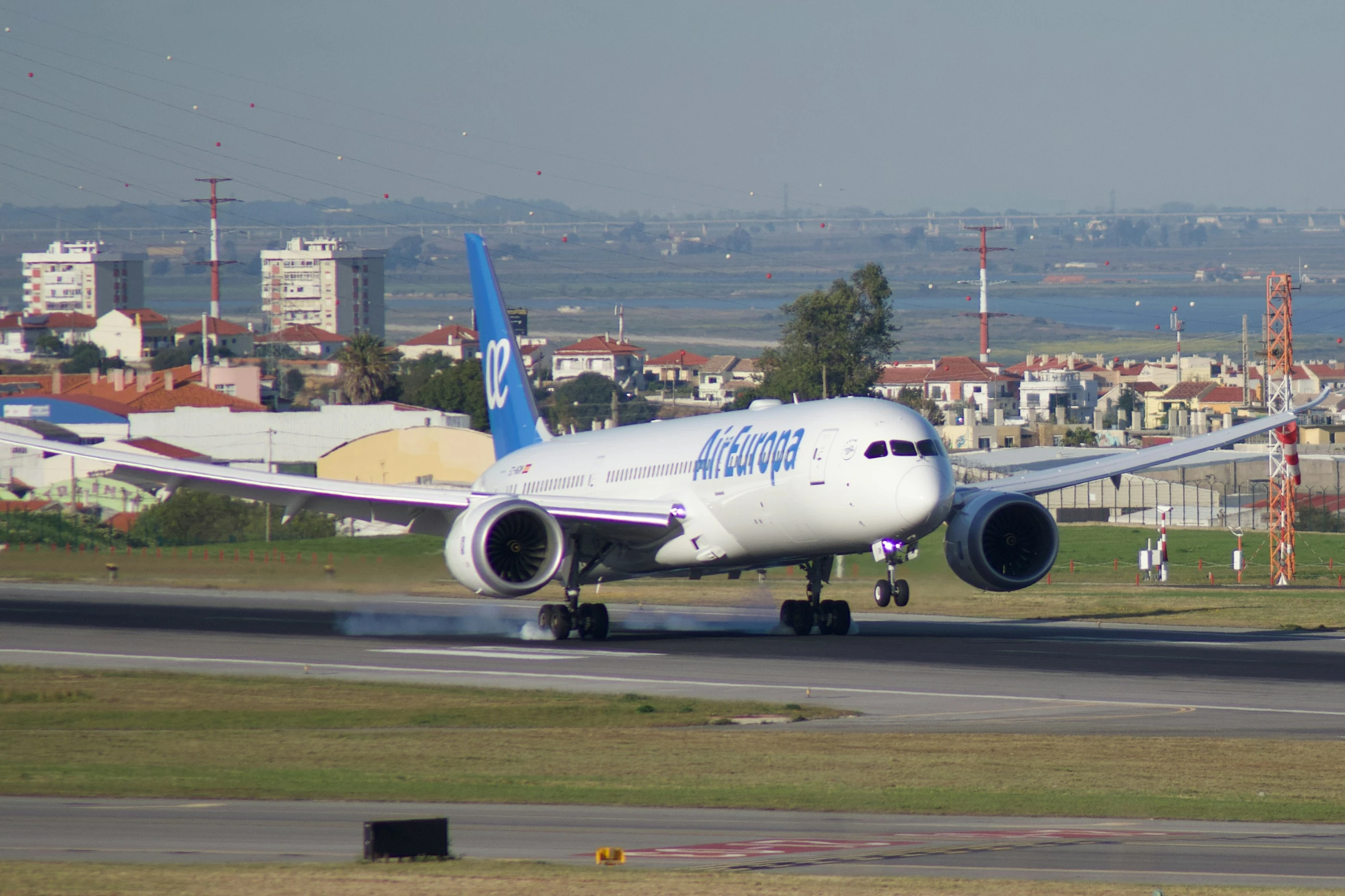 an airplane is taking off from the runway