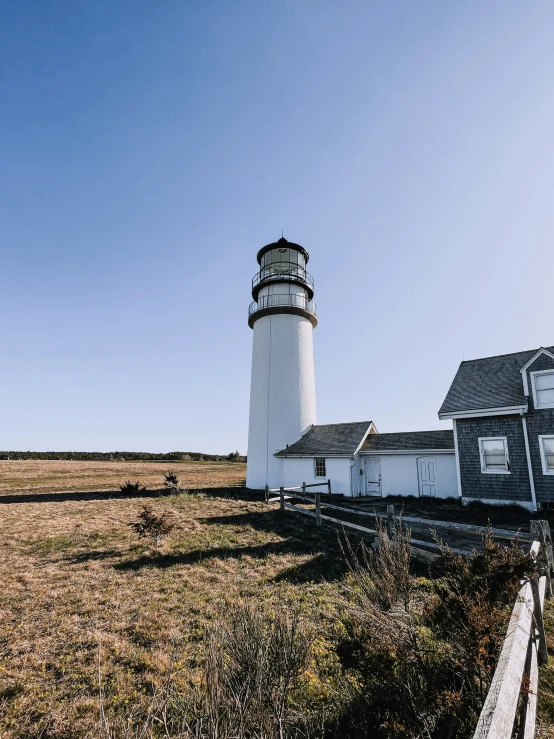 a light house sits in the middle of an empty field