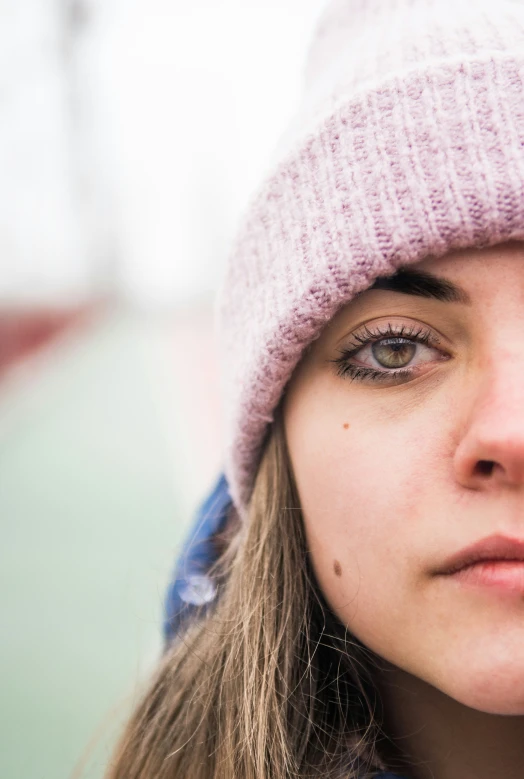 a close up of a person wearing a beanie