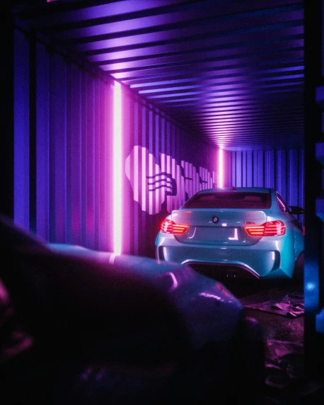 car parked in an alley with purple and red lights