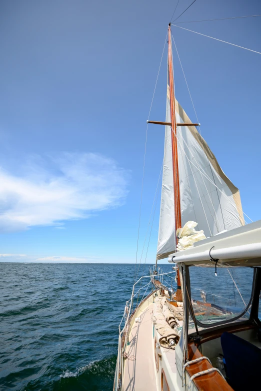 sailboat sailing on calm blue waters under a clear blue sky