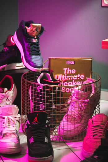 shoes are sitting on a basket in the middle of a room
