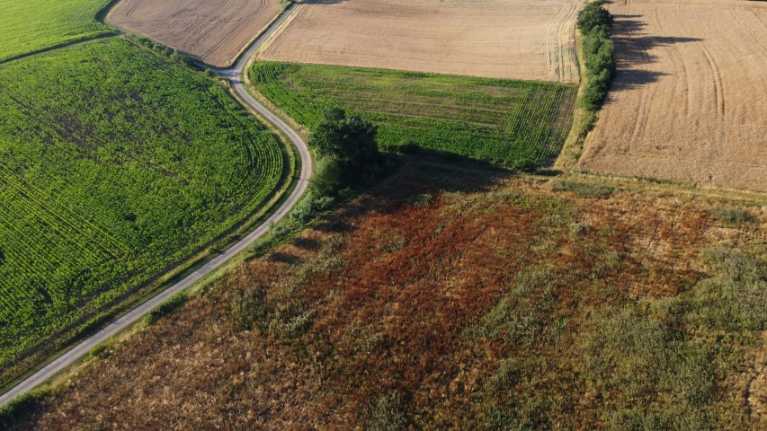 an aerial view of green field next to highway